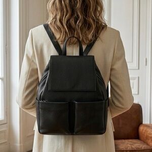 Perlina Black Leather Backpack Drawstring Bag Zippered Pockets